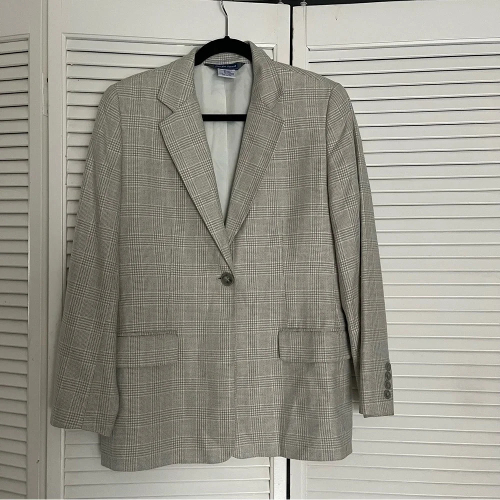 Austin Reed plaid long line blazer gray tan cotton silk wool cashmere large